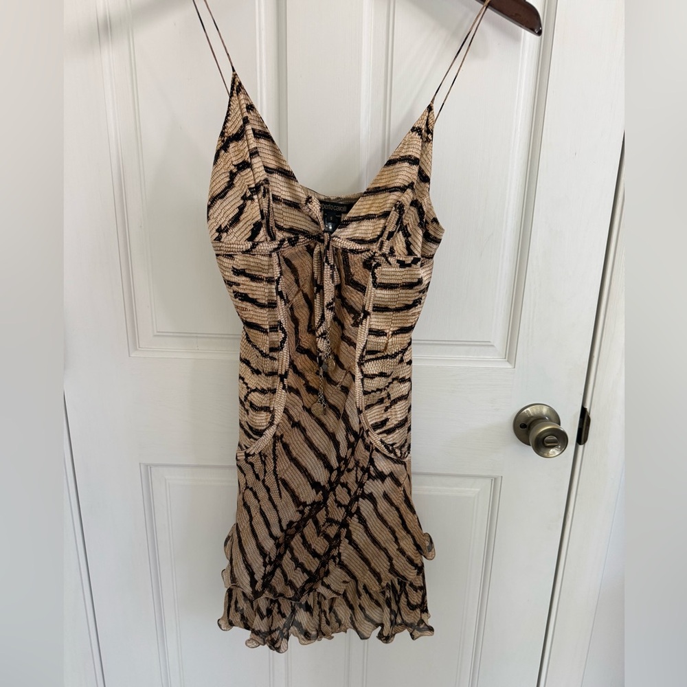 Roberto Cavalli Tan and Black Animal-Print Slip Dress 100% Silk